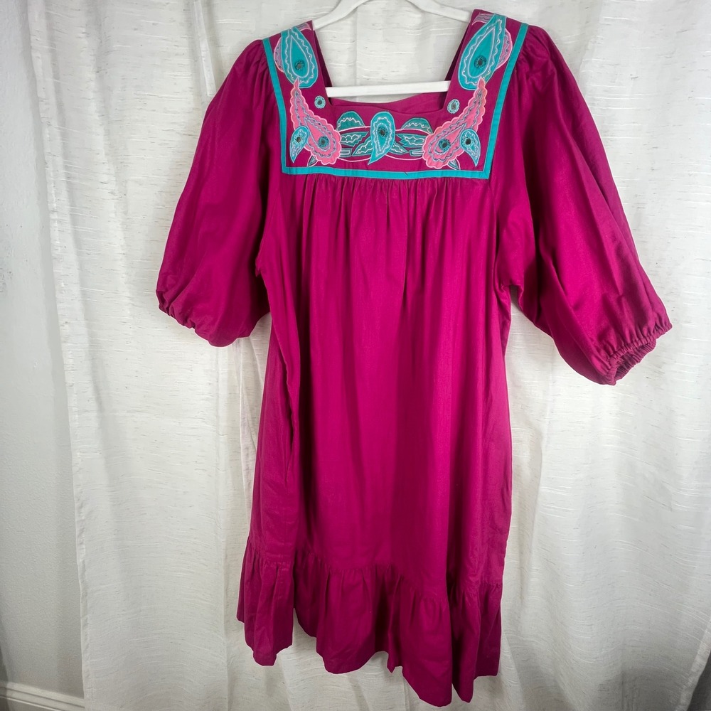 Vintage Sandy Starkman Neiman Marcus Pink Embroidered Cotton Boho Dress. XL
